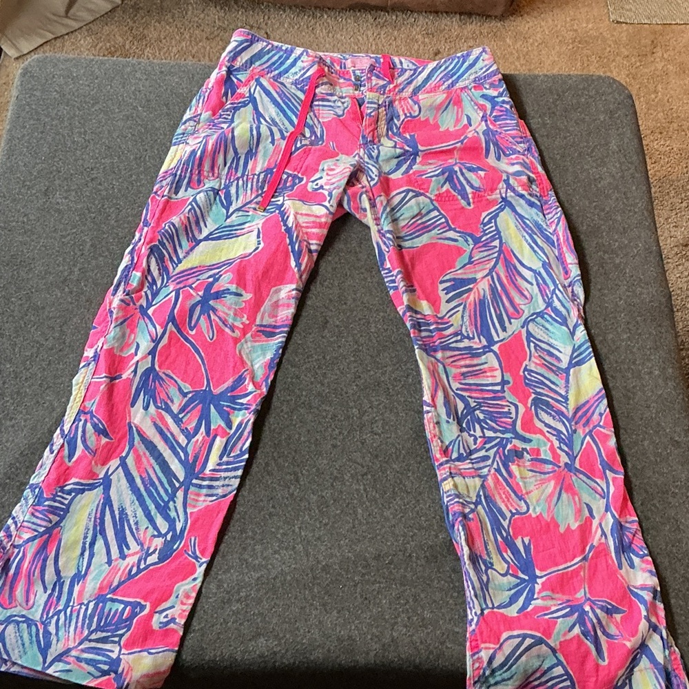 Lilly Pulitzer Galley pants in the Tiki Pink Cabana Crazed print
